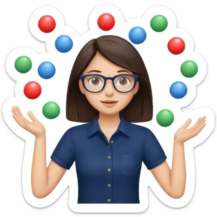 a brunette girl in a navy shirt wearing glasses is  juggling  with two hands  sticker