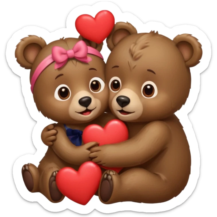female bear with bow on her head and male bear hugging, couple, surrounded by hearts, playful and loving, cute sticker