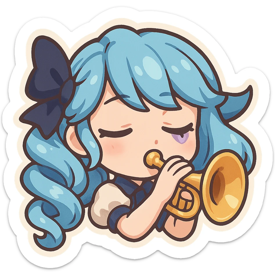 chibi style emote of Gwen from League of Legends, just the head, right eye purple, playing a trumpet, eyes closed sticker