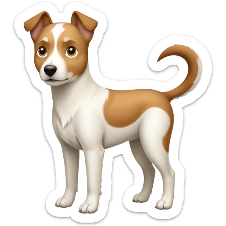a full body large white parson russell looking dog the size of a kelpie with light brown flapped down ears and a light brown patch on one eye and a large snout sticker