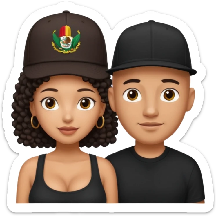 A picture of a cute tanned couple. the man is Mexican, with a bald hair cut wearing a SnapBack hat and a black shirt. the woman is mixed, she has curly longer dark brown hair,  no hat, and with big boobs  sticker