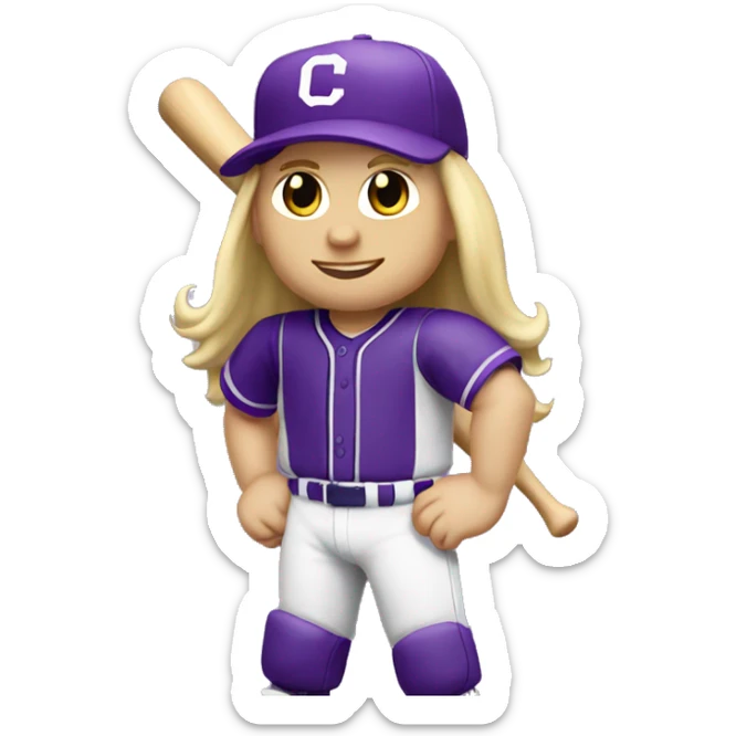 baseball card character. Blonde long straight hair. letter C logo. Purple and white uniform. sticker