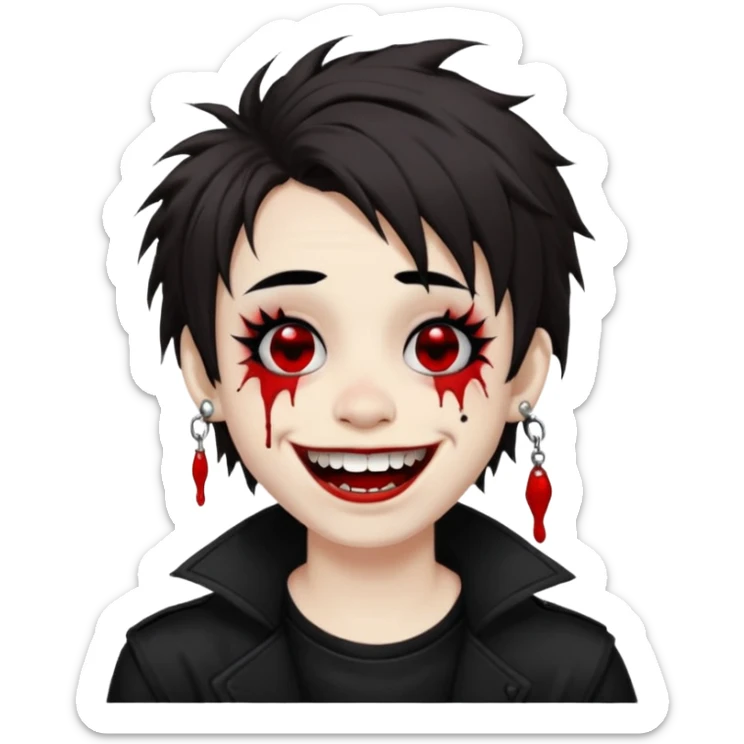 Laughing pale Goth boy with a bunch of face piercings, with shaggy dark brown hair, and messy black eyeliner , smudged, red, lipstick  sticker