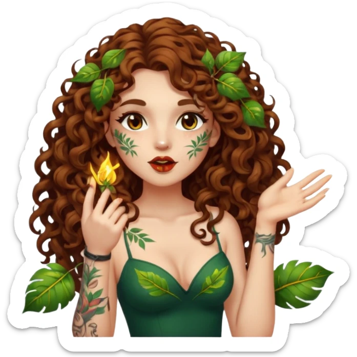 full body view of a woman with long curly brown hair, brown eyes, white skin, tattoos, blowing a glowing kiss made of leaves and sparks sticker