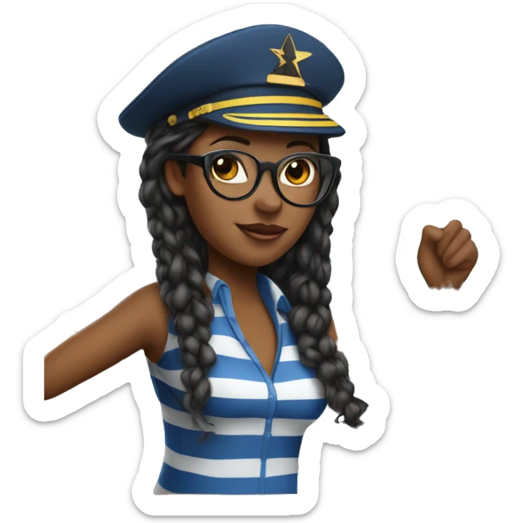 An african american woman at the wheel of a sailboat an bule and white striped shirt with black glasses and a star on her captain's hat. sticker