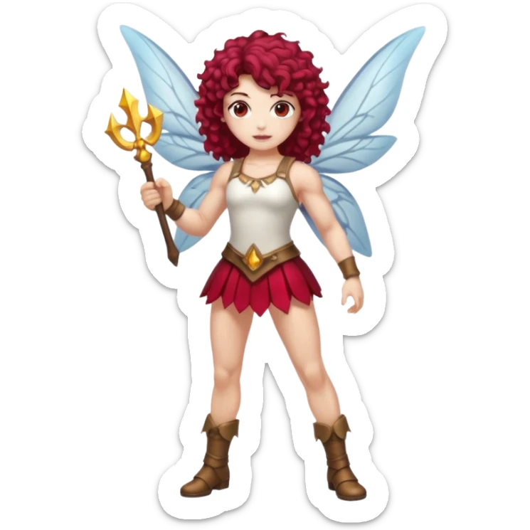 full body woman short curly brown mullet brown eyes white skin muscular build cranberry battle fairy sticker