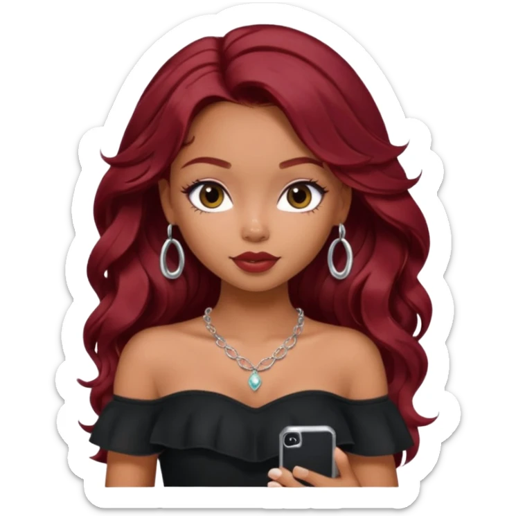a pretty bratz girl with wavy dark red hair, wearing a black off shoulder top . silver dainty layered necklaces, carrying an iphone sticker
