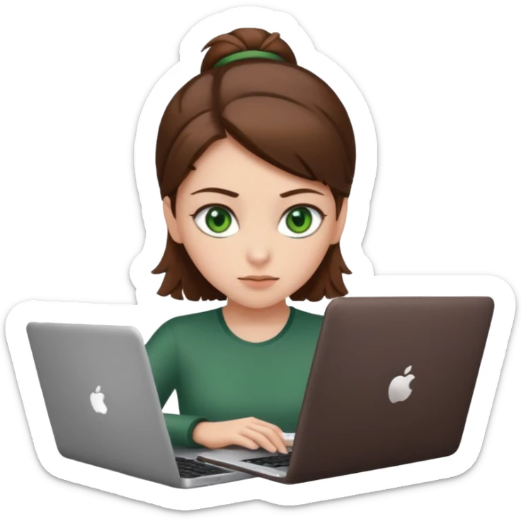 fată cu ochi verzi și păr șaten strâns în partea din spate a capului, lucrând pe un laptop sticker
