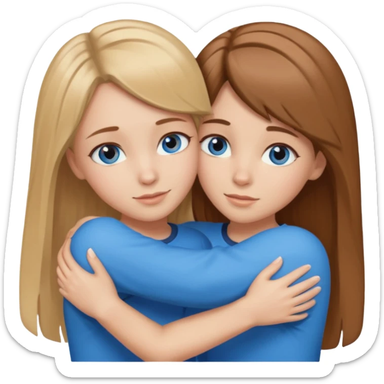 two Girls, Brown and Blonde hair, with Blue Eyes hugging one has Brown hair sticker