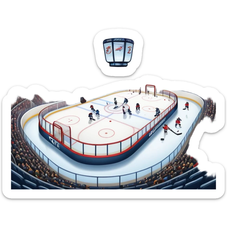 Please, make An icon featuring close-up shots of key hockey equipment: a hockey stick, puck, and skates. The background shows a packed stadium with cheering fans, bright arena lights, and an icy rink. Transparent background highlights the essentials of the game and the thrill of the sport. sticker