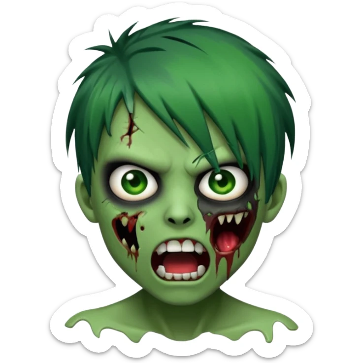  emo zombie black punk hairs green skin with cuts on face and open mouth with fluid coming out of mouth sticker