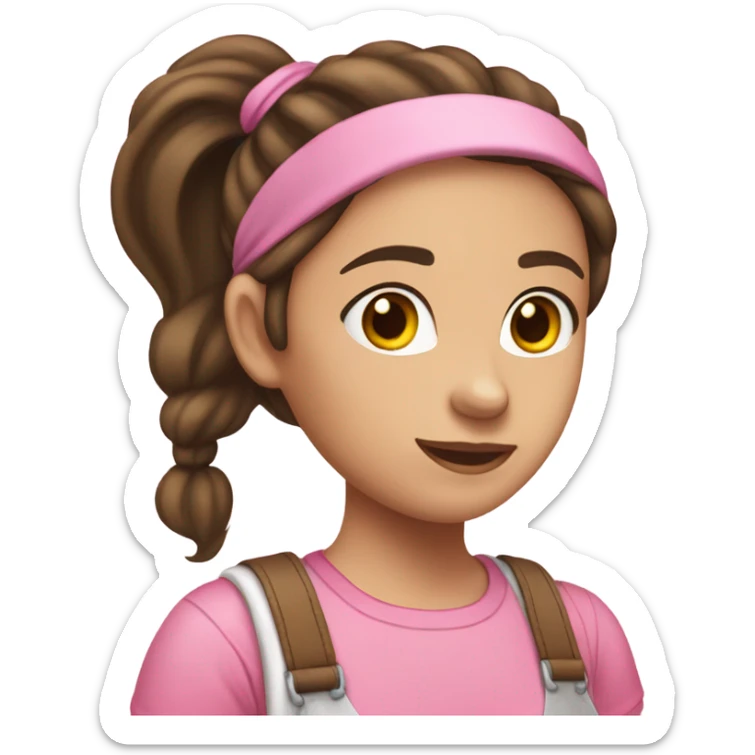 A white skin woman with brown hair in pony tail wearing pink headband, pink t shirt and overalls  sticker