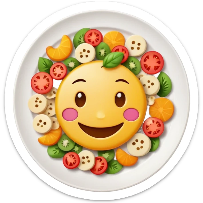 plate with small pieces of food and a smiling face, clear and cute sticker