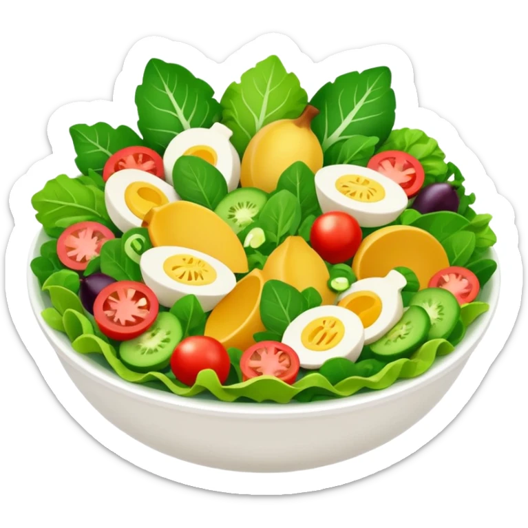 Salad community avatar in clean emoji-style illustration. Classic salads like Olivier and Tashkent, vibrant greens and colorful ingredients, simple shapes, flat design, high contrast, fresh and inviting. sticker