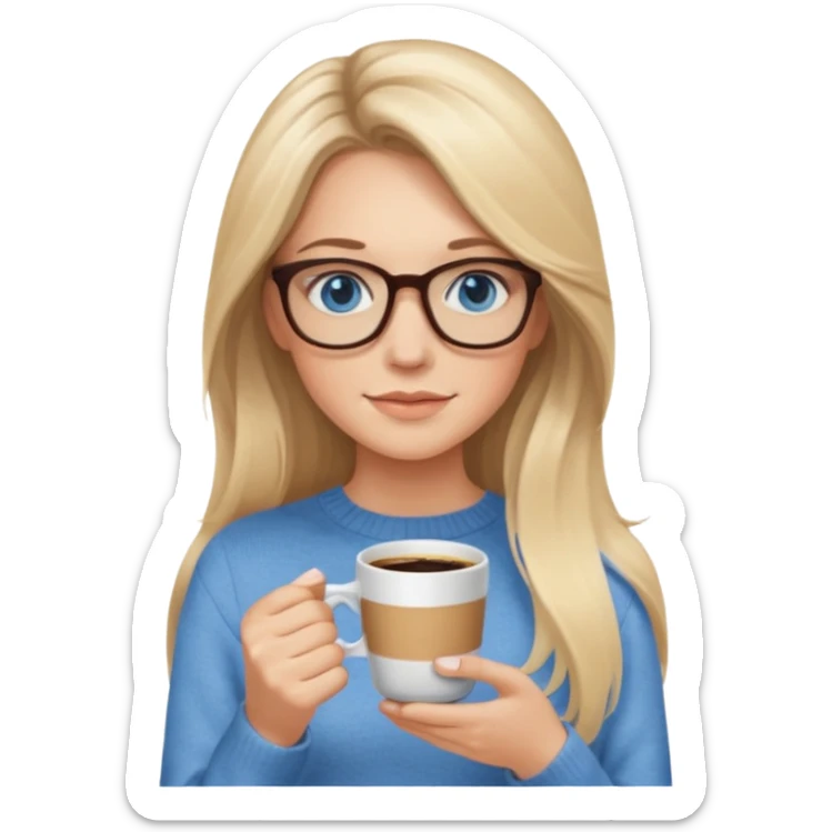Blonde balayage long hair white women beige sweater blue eyes and small glasses holding coffee sticker