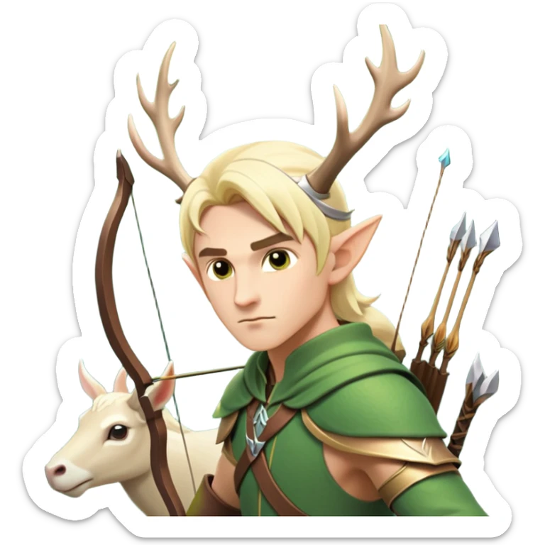 clash-of-clans-aesthetic-blond-male elf-archer-portrait-emoji, rendered in a flat, vector-style with minimal shading and bold holding his bow, simplified shapes, head tilted slightly forward with a determined, focused expression, riding a majestic white stag whose antlers glow with mystical energy, set against an ancient, enchanted forest backdrop. sticker