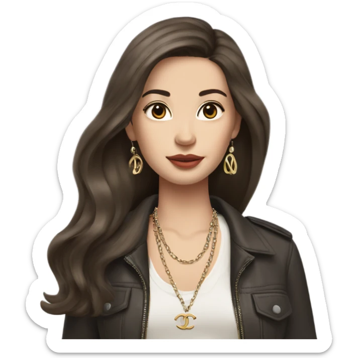 Brunette aisan girl with a blowout hairstyle, has pale skin, with birkin bag Chanel necklace  sticker
