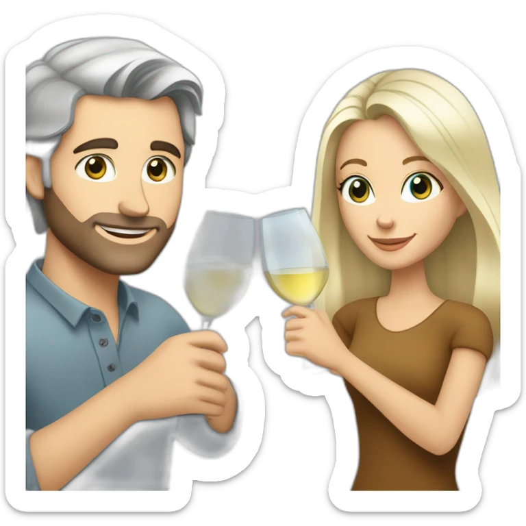 caucasian woman with brown eyes and blond medium long hair and a caucasian man with blue eyes and grey hair, toasting with a glass of white wine sticker