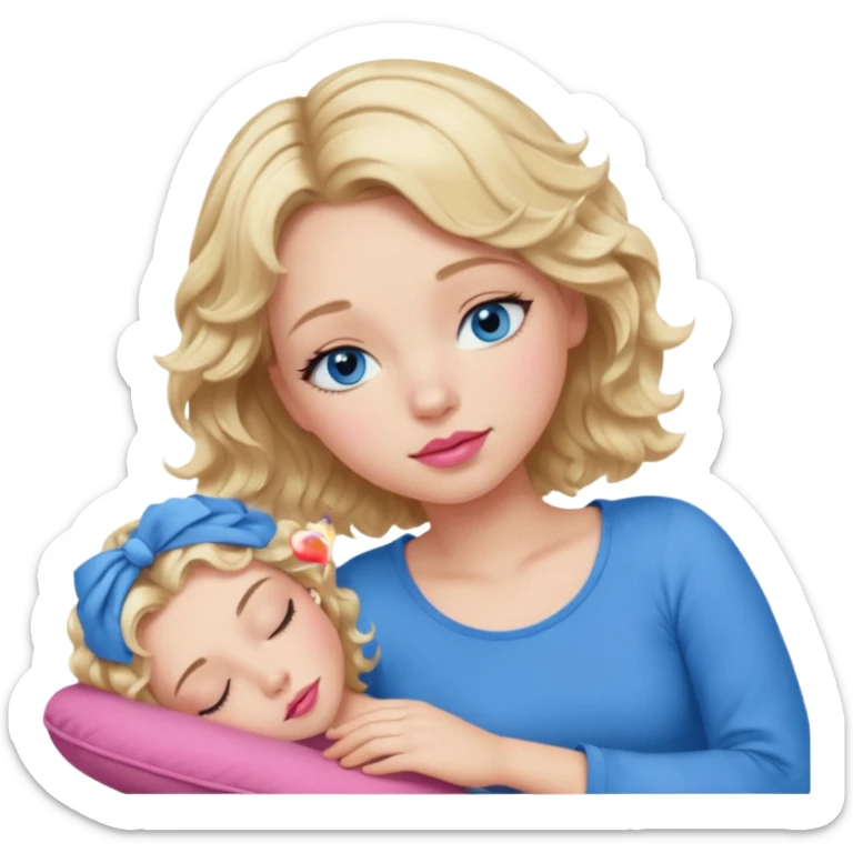 Girl Blonde short wavy hair,  blue eyes, cute blue top, long lashes, pink lips, sleeping sticker