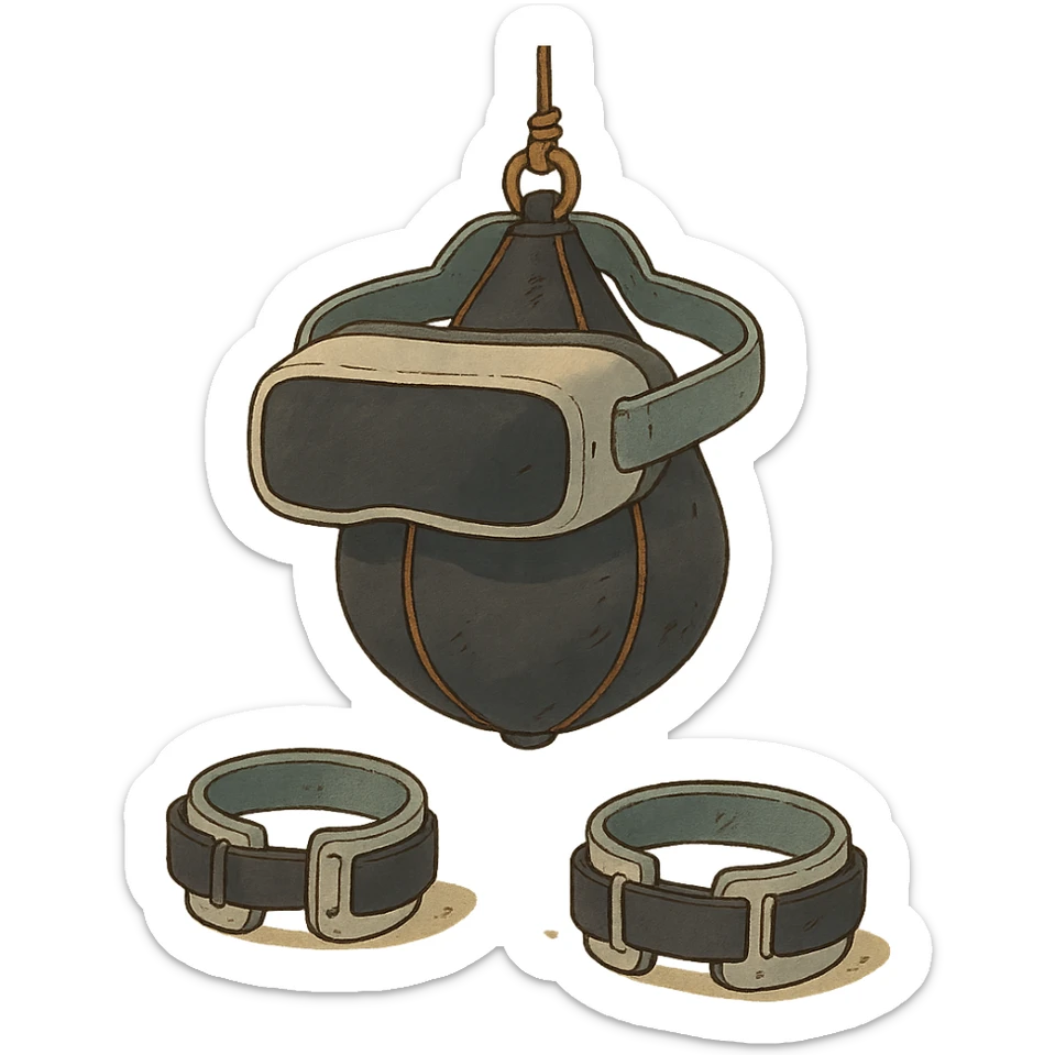 ghibli style illustration of a speed bag with VR headbands and headwrists sticker