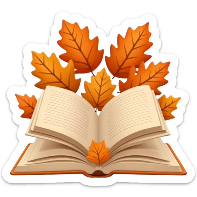 Minimal flat emoji of an open book with autumn leaves around it, cozy fall theme, simple line art, neutral beige background, black outlines, subtle orange and brown accents, clean modern style inspired by Notion graphics, symbolizing a Fall Reading Challenge. sticker