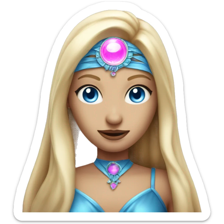 magical diva with thin pink andromedan face long blonde hair and blue eyes glowing third eye sticker