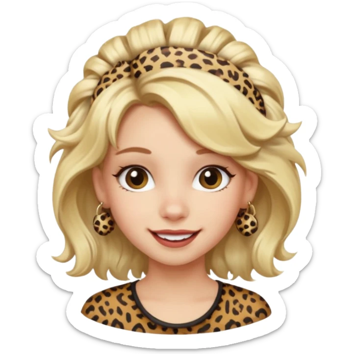 Une fille blonde et joyeuse. Elle porte une coiffure rock et originale avec des barrettes pour cheveux  léopard et motif peau de vache. sticker