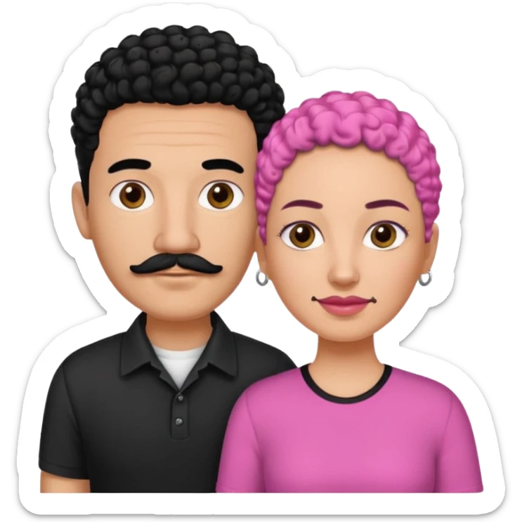 A picture if a couple, the man is a Mexican man with really short almost bald black hair and a trimmed mustache, a black shirt on. the woman is mixed with black and white, with curly hair and a pink shirt on sticker