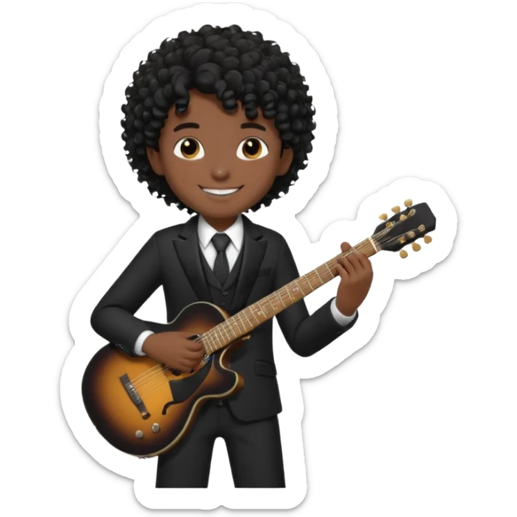 A boy with black fade curly hair Smiling and holdijg a guitar in a black suit  sticker
