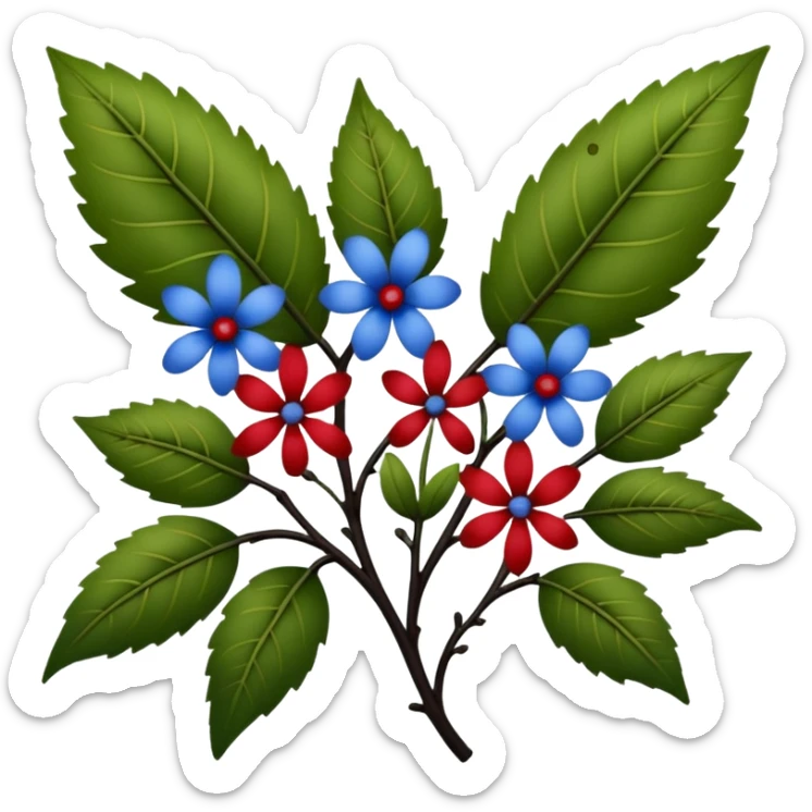 dull green leaves & red & blue flowers filigree design, small fruits, ebony branches, extremely detailed, complex design sticker