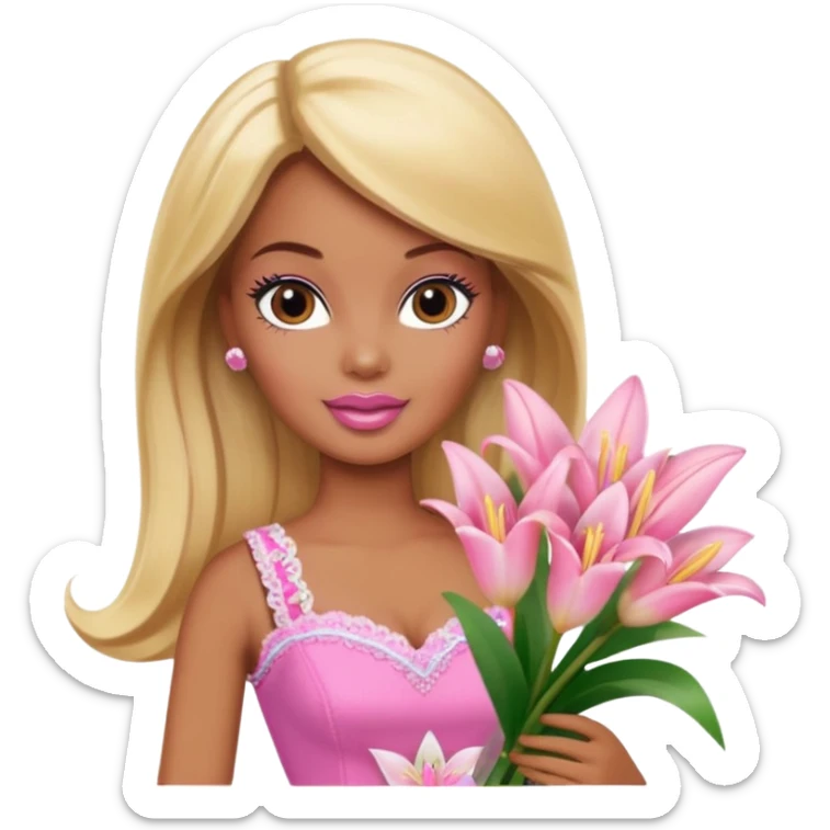 Brown skin blonde hair barbie with baby pink lily bouquet  sticker