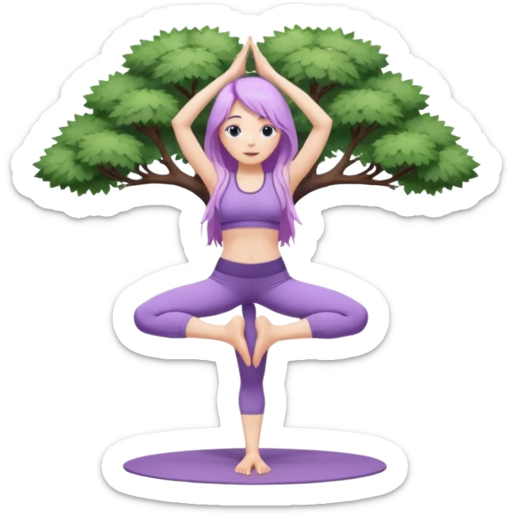 Девушка белокожая, с длинными светло-фиолетовыми волосами, в одежде для йоги, стоит в позе дерева, в стиле бимбо пилатес, две руки, две ноги sticker