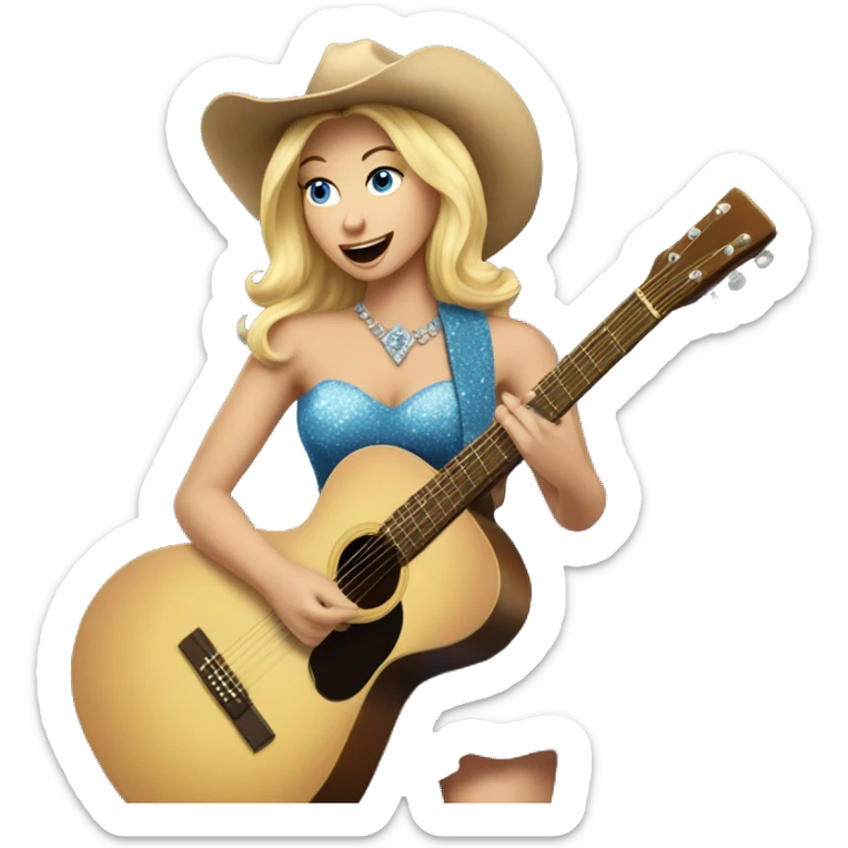Blonde woman in cowboy boots and dress playing guitar and singing blue sparkly  sticker