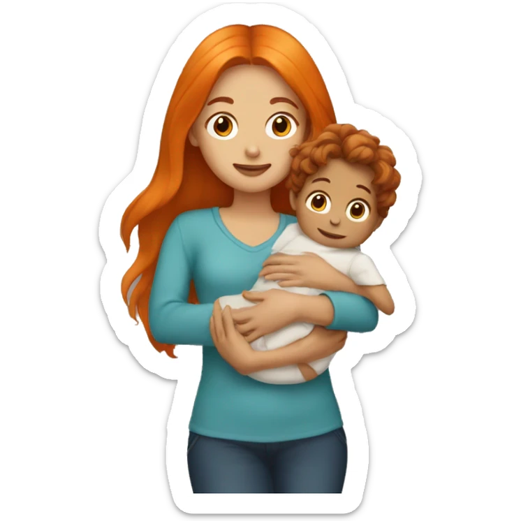 Girl with long orange hair holding baby boy with brown hair  sticker