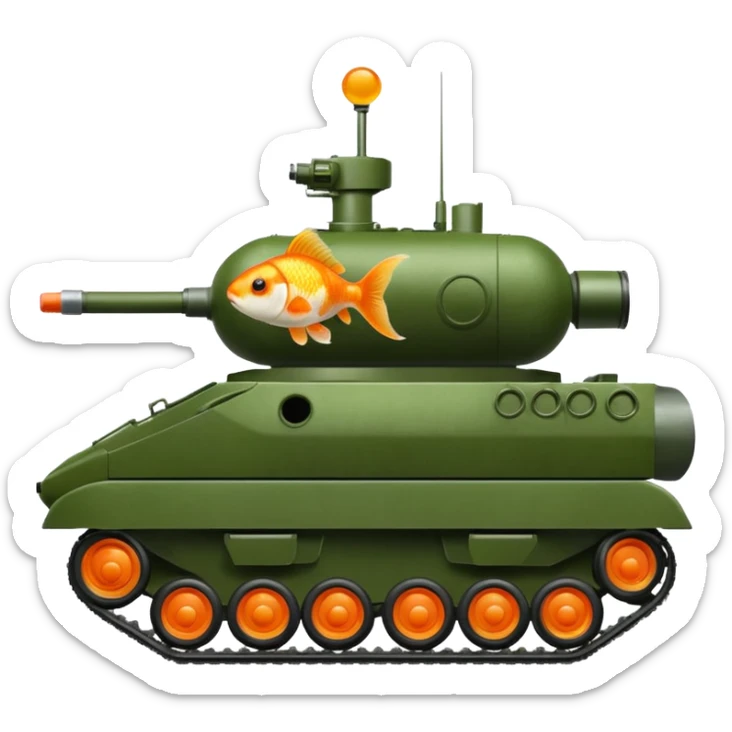 goldfish in a green military tank, visible in the hatch, iOS emoji style sticker