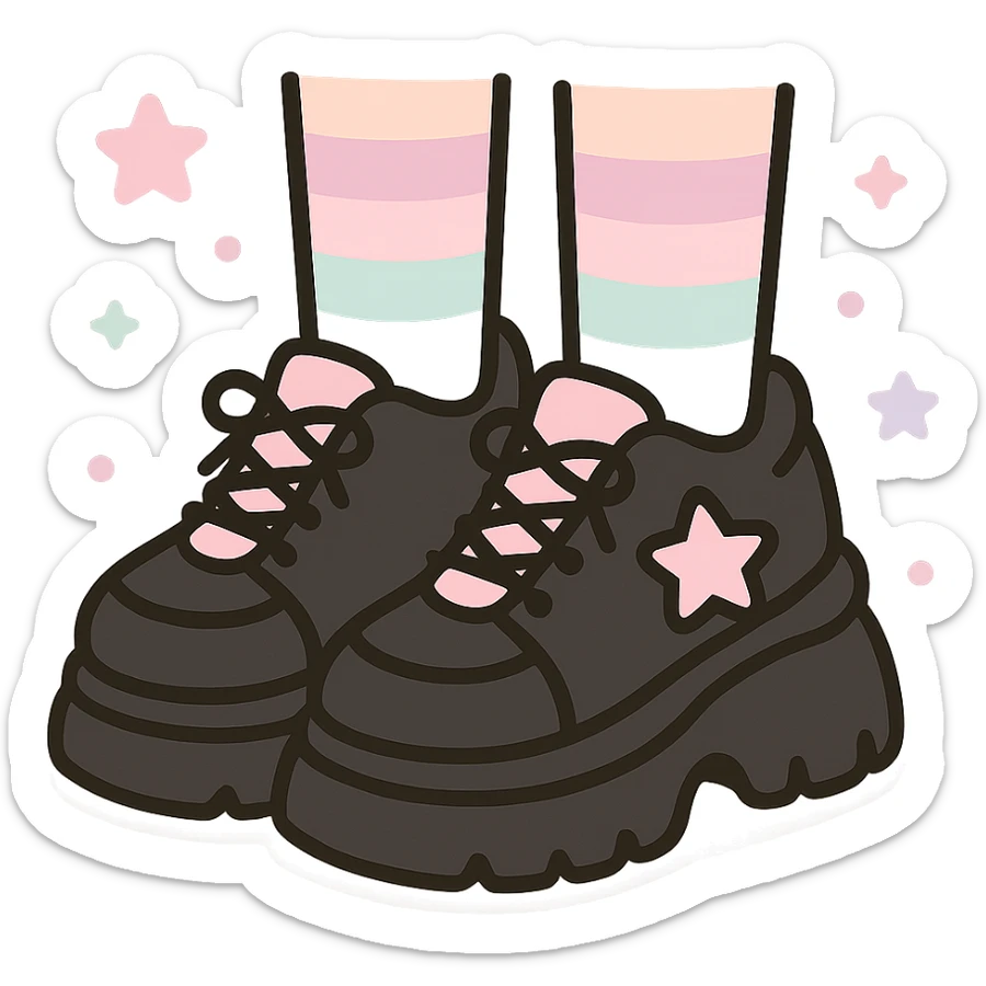 BLACKPINK-inspired gothic shoes, no hearts, black and pink, cute and stylish, kawaii style, chunky sneakers with star accents, pastel striped socks sticker