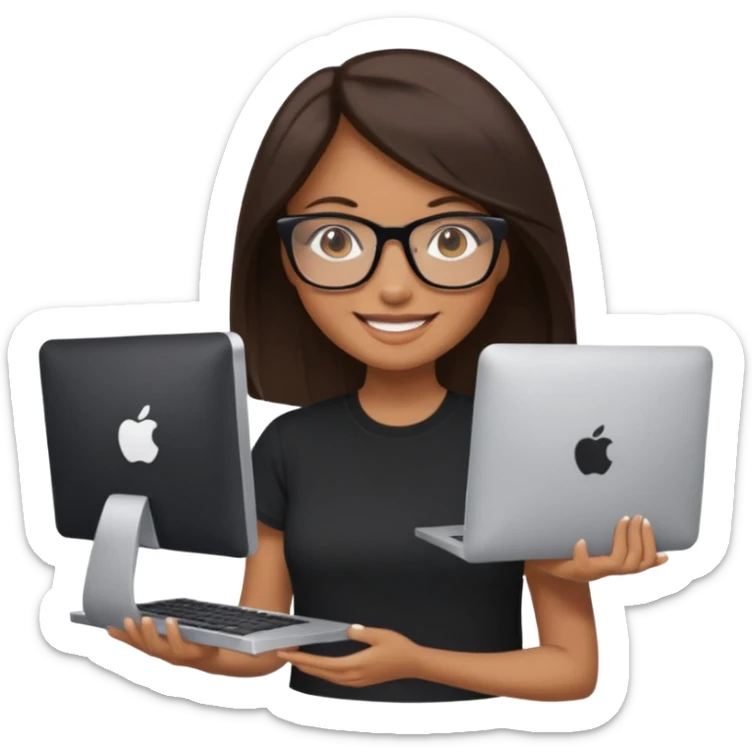 woman with tan skin, long straight dark-brown hair and glasses, smiling and holding mac computer, wearing black t shirt sticker