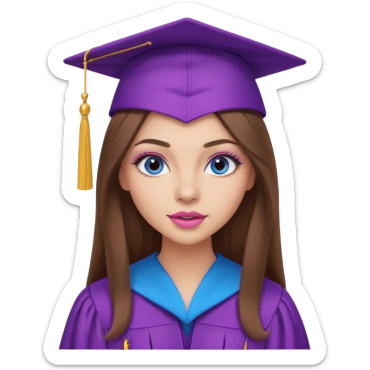 girl with gorgeous long brown hair, blue eyes, long lashes makeup, sexy pink lips, wearing a purple and pink graduation cap and gown sticker