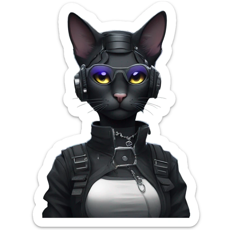 Gorgeous dark techwear cyberpunk style anthro cat sona, aesthetic, and pretty edgy black with collar and harness, trending style sticker