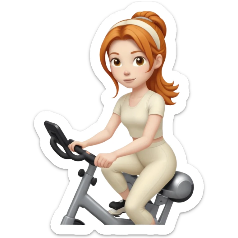 Ginger girl middle part low bun riding stationary bike cream outfit sticker