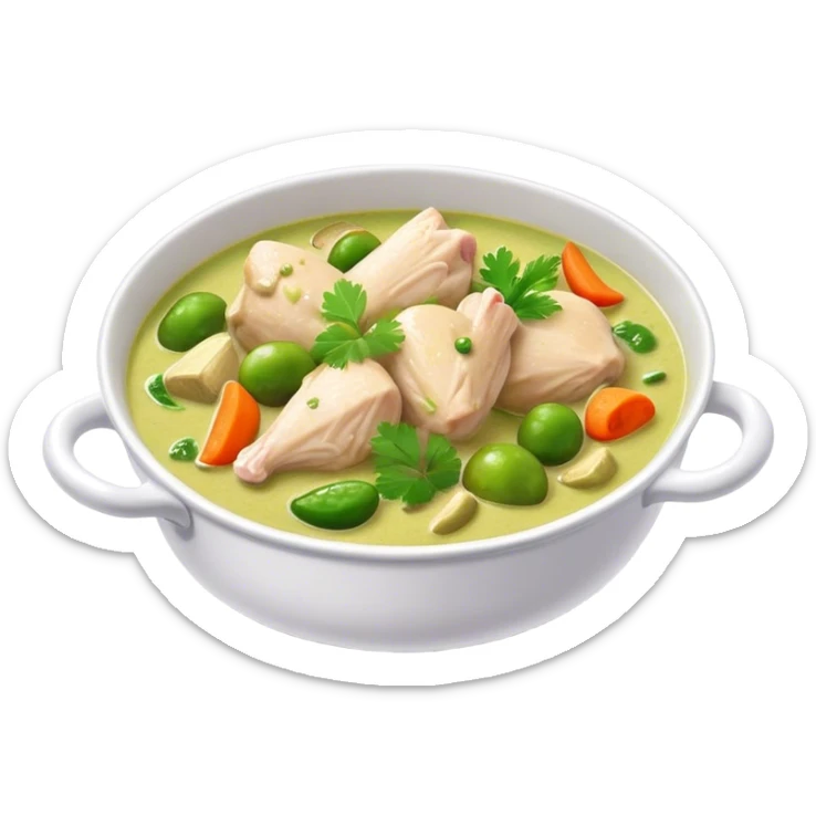 Green Chicken Curry Cinematic Realistic Green Chicken Curry Dish Emoji, depicted as tender chicken chunks simmered in a fragrant green curry sauce with vegetables, rendered with vivid textures and dynamic, vibrant lighting. sticker