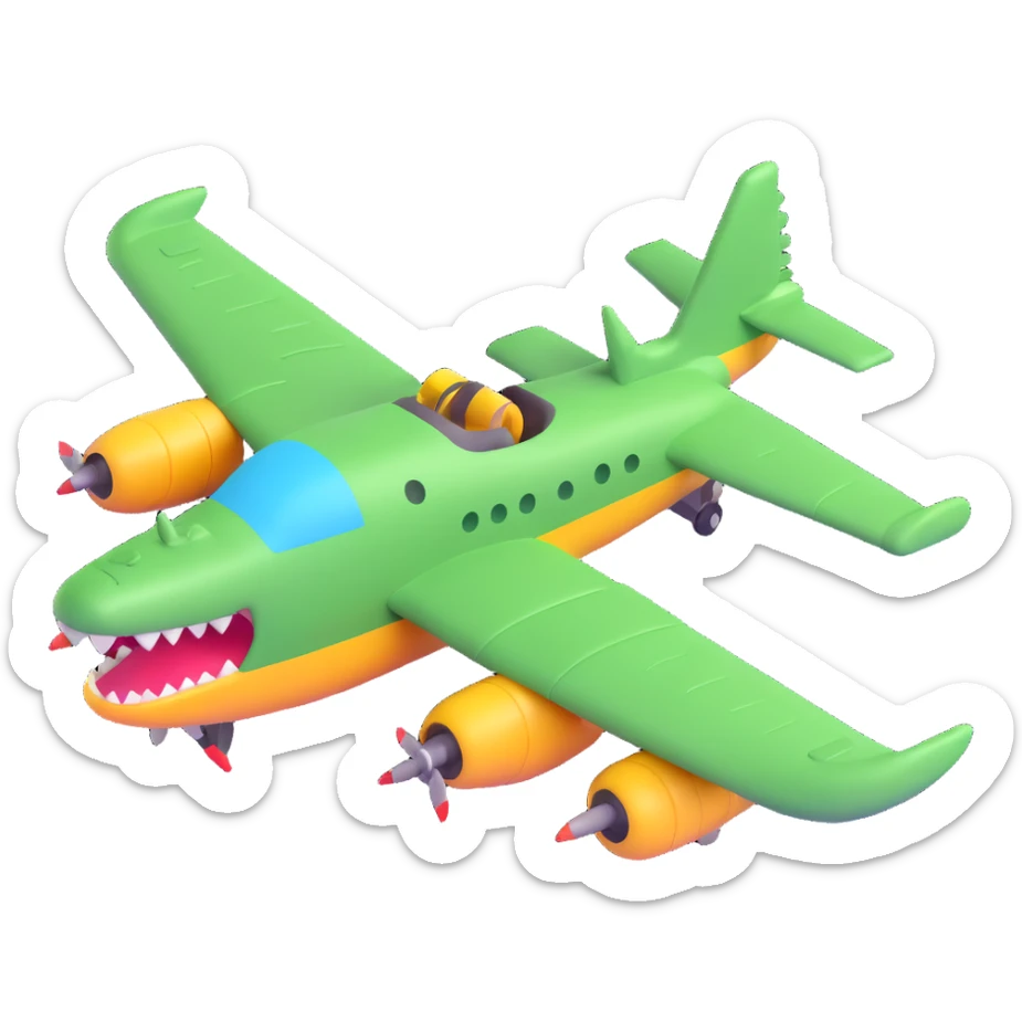 a war plane fused with a crocodile, 3D cartoon style, playful and colorful sticker