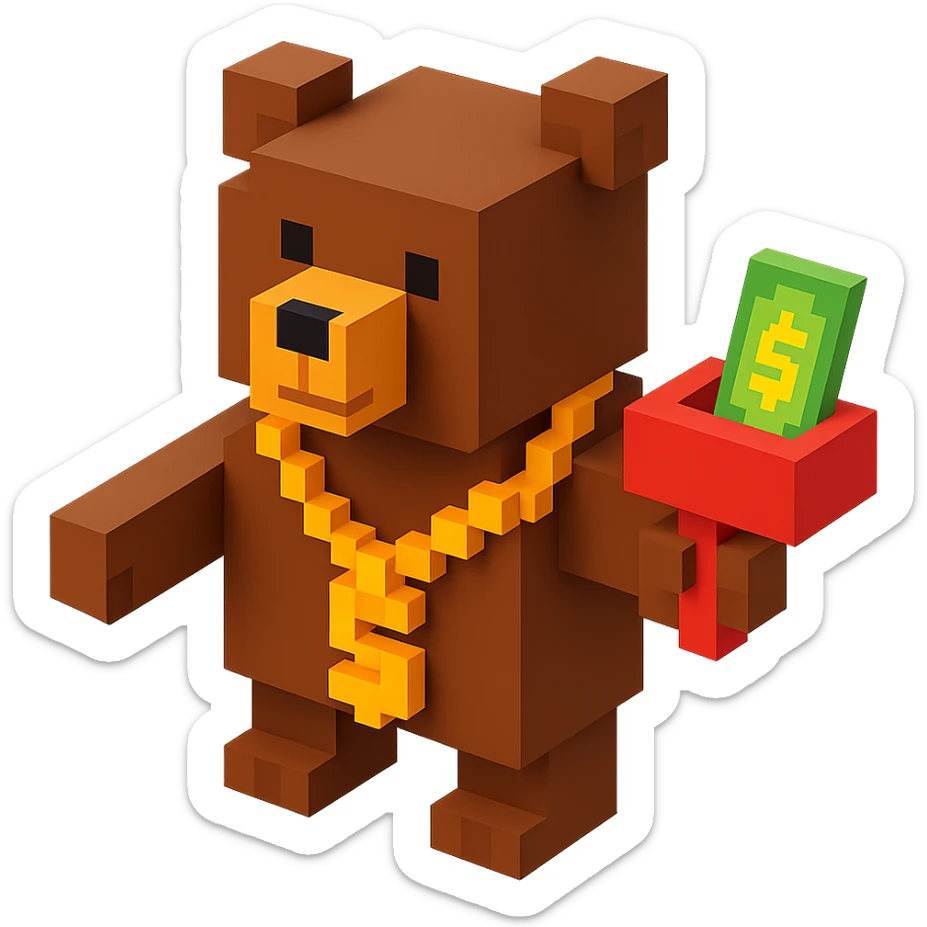 brown Russian grizzly bear wearing a rapper chain and holding a money gun sticker