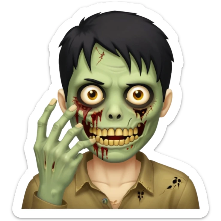 cabelo liso desordenado negro homen con aparencia de zombi y que haga un gesto mostrando los dientes de oro que se agarre la boca con la mano sticker