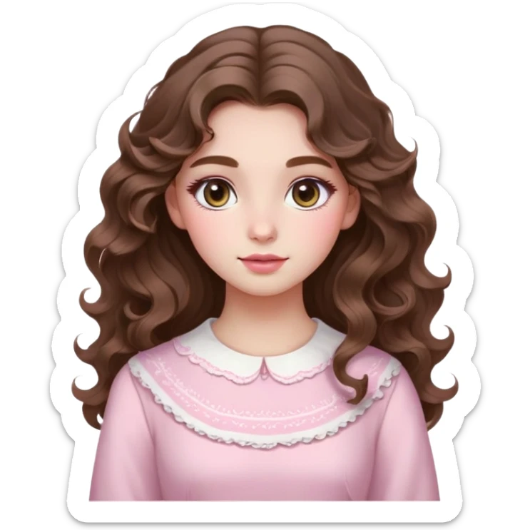 girl long brown hair
wavy curls wavy

looks 18 years old
oval face egg-shaped cheeks fair skin white makeup pink blush with eyeshadow pink makeup my eyes brown round oval

wearing long sleeve tradicional white dress 
cute sticker