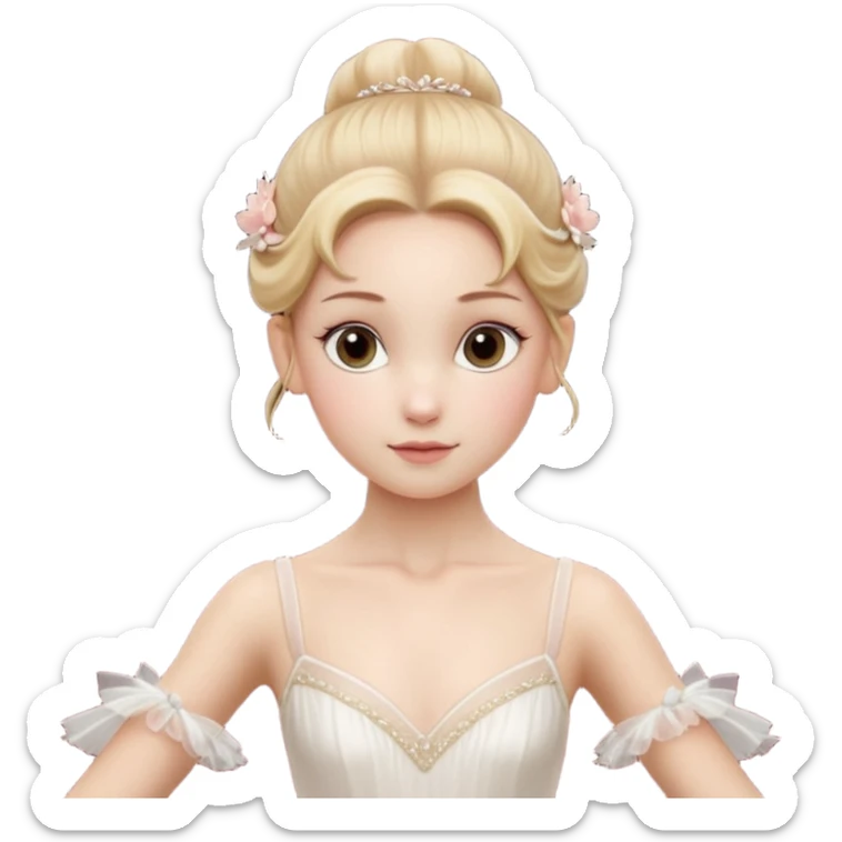 Cinematic Realistic Ballerina Portrait, depicted with lifelike skin texture, subtle rosy undertones, and soft natural lighting that enhances the gentle contours of her face. Her intricately detailed golden blonde hair is elegantly styled in an updo, sticker