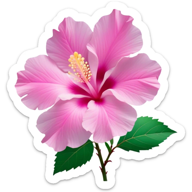 Cinematic Realistic image of a Mugunghwa flower (Rose of Sharon), rendered with delicate petal textures and vibrant pink hues, set against a minimalist background with gentle, diffused lighting that highlights its national significance sticker