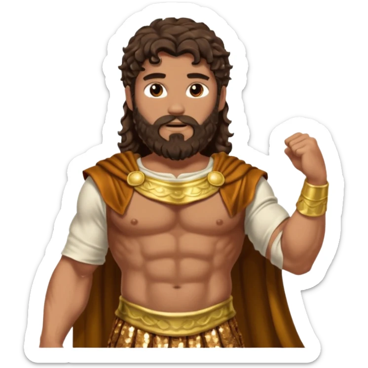 Hercules, God of Heroes from Roman Deities with long dark brown wavy hair and beard, bronze sequin toga sticker