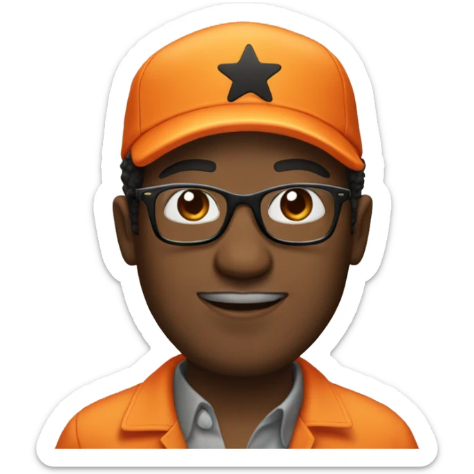 An african american man in an orange jumpsuit with black glasses and a star on his orange hat. sticker