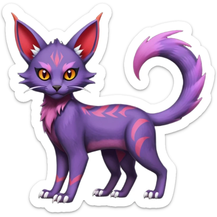 Black edgy Noivern-Noibat-Purloin-Torracat-Lykoi-Caracal-cat-Fakemon-fusion-hybrid-creature with violet and red scale markings sticker